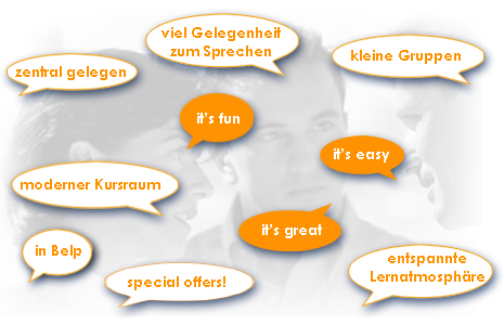 Englischkurse in kleinen Gruppen mit entspannter Lernatmosphäre und viel Gelegenheit zum Sprechen, in einem modernen Kursraum in Belp bei Bern, zentral gelegen.